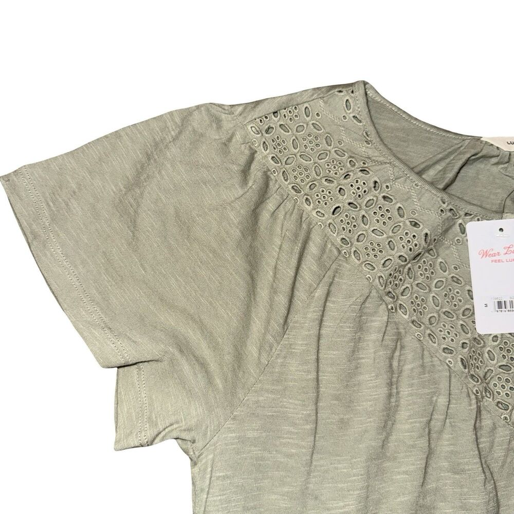 NWT Lucky Brand Top Medium Blouse Green Cotton Lace Short Sleeve Peasant Boho - Picture 7 of 14